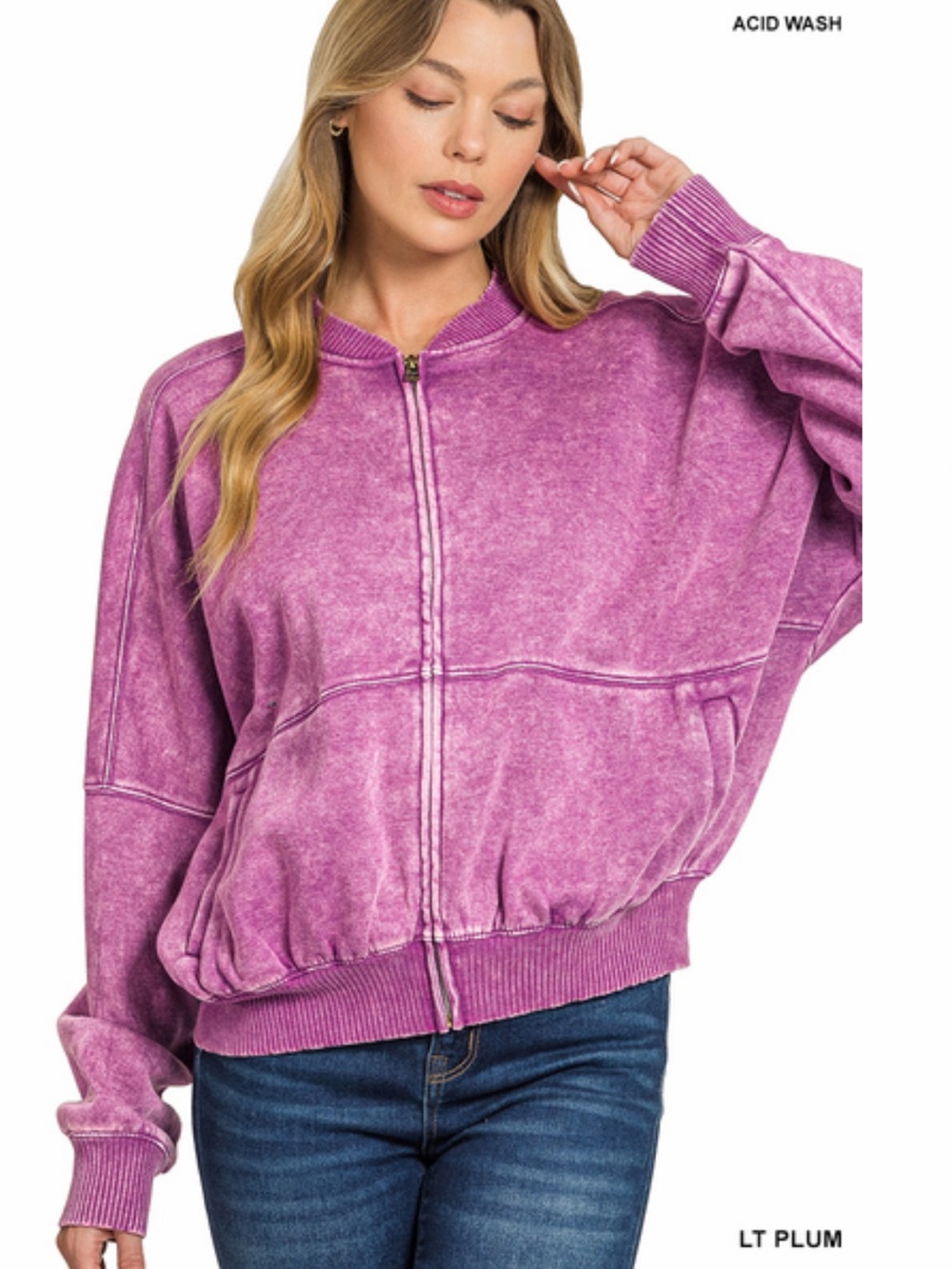 300  Zenana light plum ACID WASHED FLEECE
JACKET